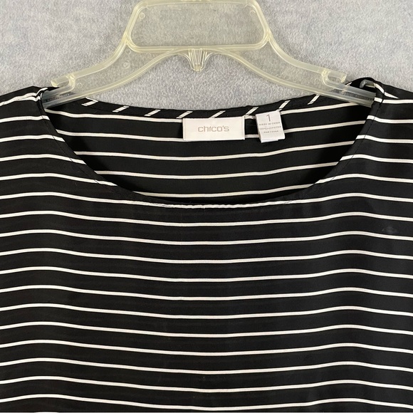 Chico's 1 (US M/8) Semi-Sheer Top Black White Stripe Pullover Dolman Sleeves - Picture 2 of 9